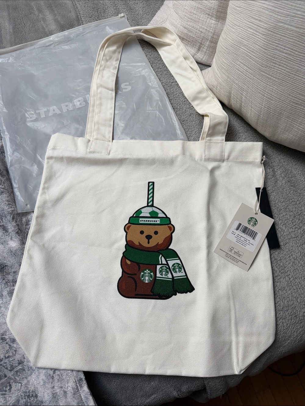 Starbucks Cream Canvas Tote with Green-Accented Bear Motif